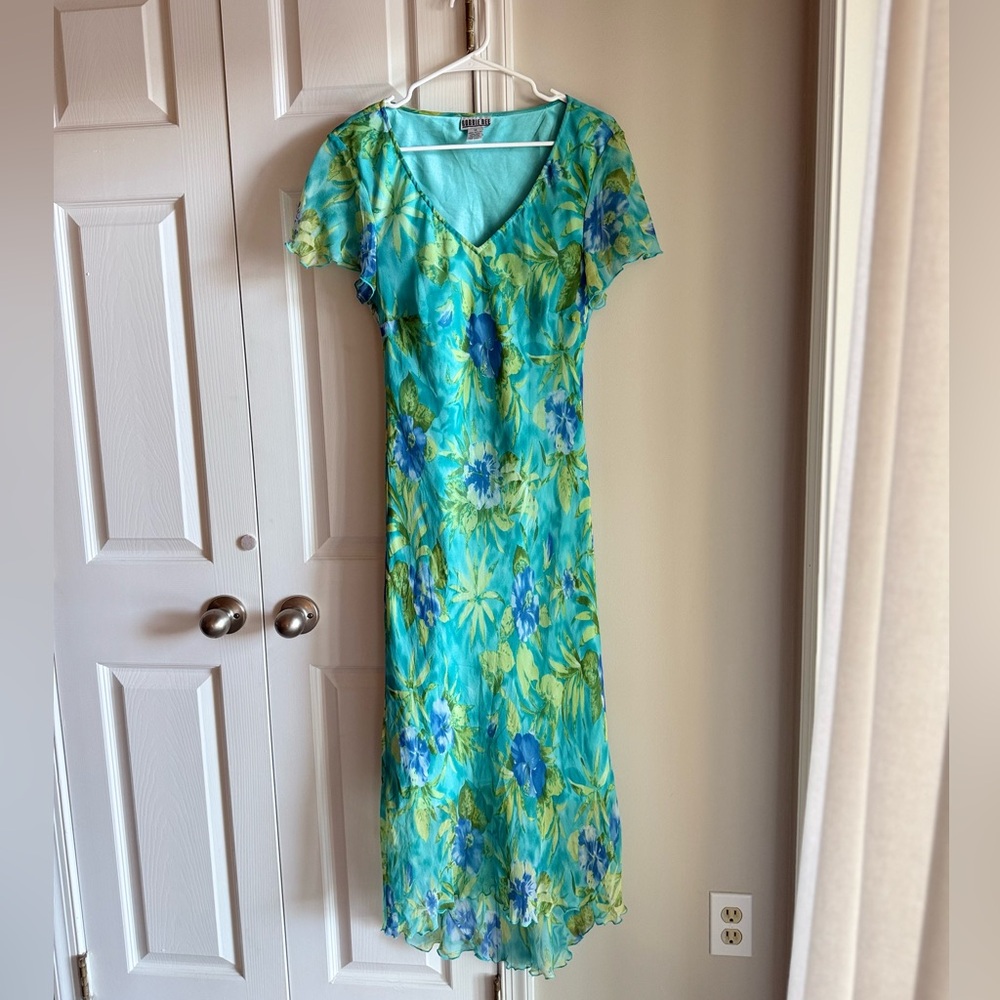 100% Silk Vintage Robbie Bee Floral Maxi Dress in Blue and Green